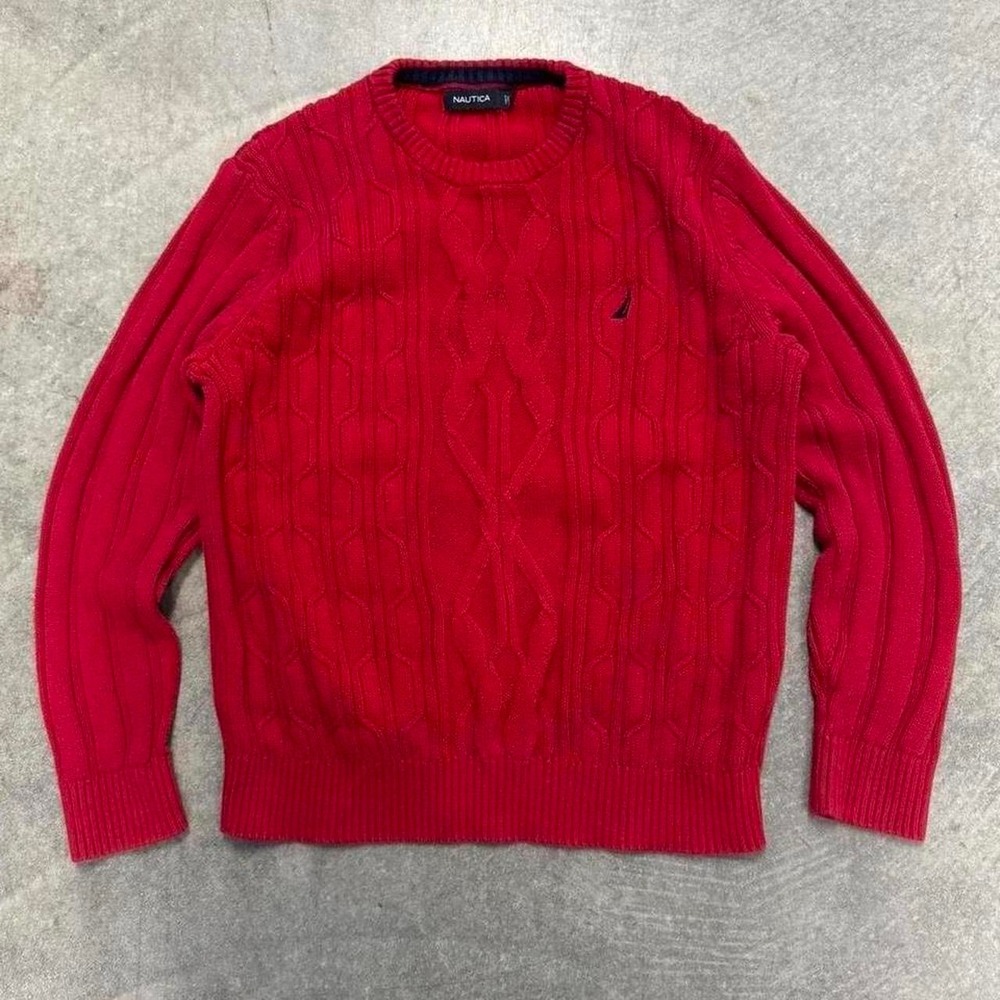 Nautica Cableknit Sweater Large Red Unisex Fisherman Preppy Old Money Chunky